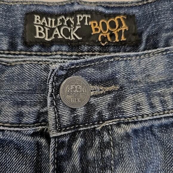 Baileys Pt Black Mens Boot Cut Jeans 38 X 30 Whiskered Embroidered Distressed - Picture 6 of 12